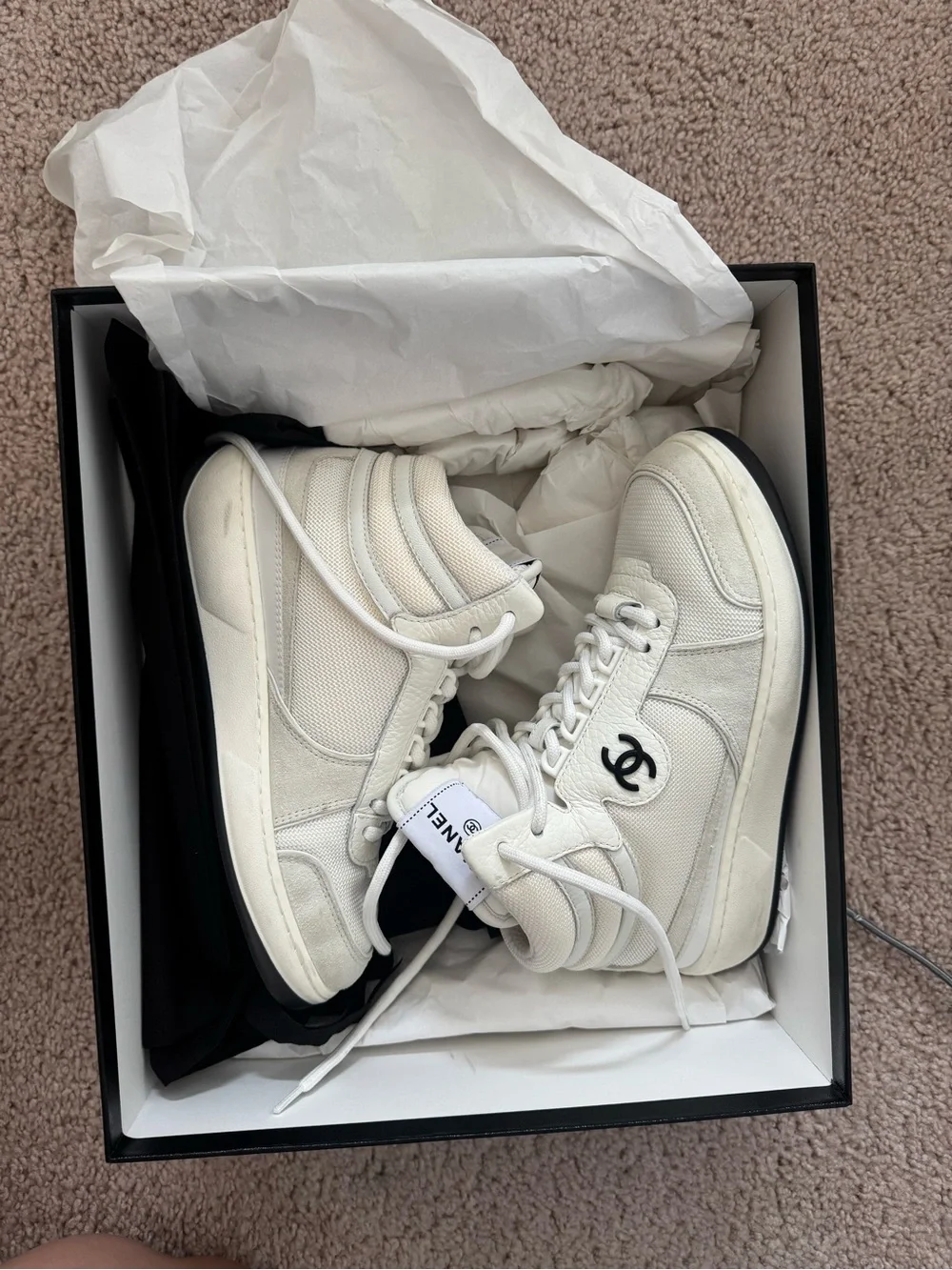 CHANEL White and Black High-Top Sneakers